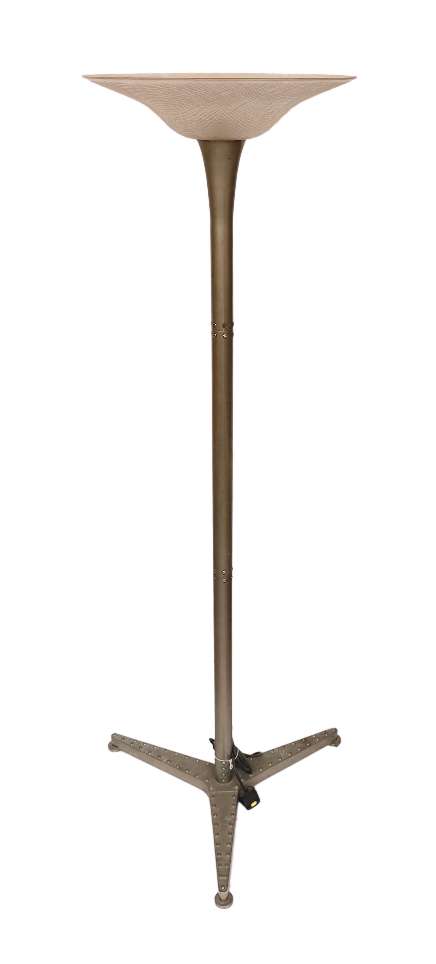 A 1960s steel uplighter lamp standard with ribbed and frosted glass shade, height 171cm. width of base 65cm. width of shade 50cm